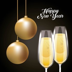 Wall Mural - happy new year pair champagne glass and golden balls decoration vector illustration