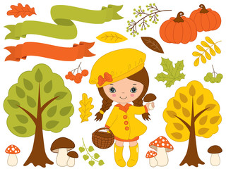 Wall Mural - Vector Set with Cute Little Girl and Autumn Elements