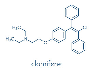 Poster - Clomifene (clomiphene) ovulation inducing drug molecule. The E-isomer (enclomifene) isomer is shown. Skeletal formula.