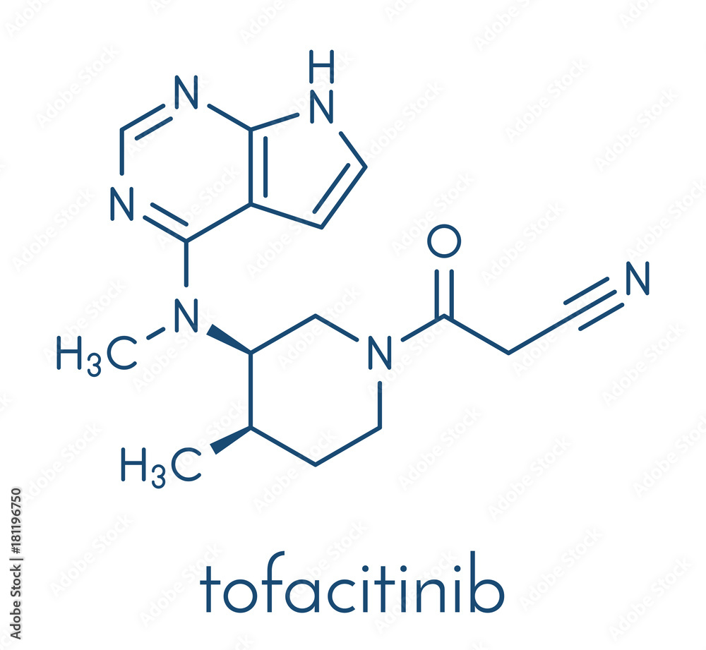 Tofacitinib rheumatoid arthritis drug molecule. Inhibitor of Janus kinase 3 (JAK3). Skeletal formula. - obrazy, fototapety, plakaty 