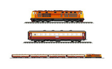 Vector Illustration: Set Procession Train Include Diesel-electric Locomotive And Compartment And Railroad Tracks Isolated On White Background.