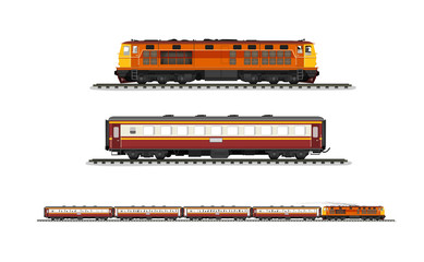 Vector Illustration: set procession train include diesel-electric locomotive and compartment and railroad tracks isolated on white background.