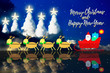 Christmas and New Year holiday Backgrounds with illustration of Santa Claus and Reindeer Scene and Christmas tree made of clouds with star illumination.