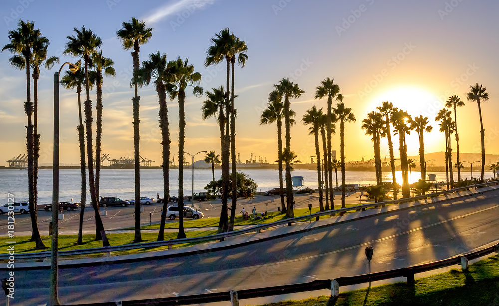 California sunset in the coast of Long Beach - obrazy, fototapety, plakaty 