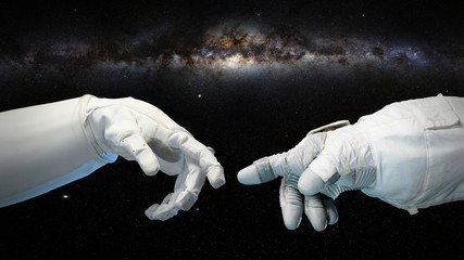 two near touching hands in space suits, michelangelo touch pose with milky way galaxy