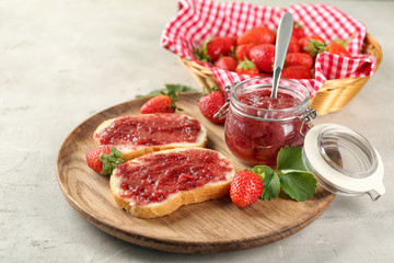 Sticker - Dish with pieces of bread and strawberry jam on table