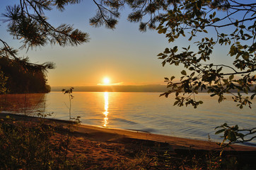 Wall Mural - morning, sunrise, mist on the river, the path from the sun.