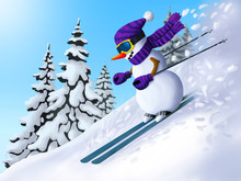 Snowman Descends From The Mountain On Skis. Winter In Mountains. Illustration For The New Year And Christmas.