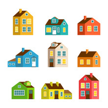 Small And Big Flat Cartoon Houses. Isolated Vector Set. Cute Bright Children Illustration.