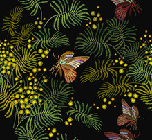 Embroidery Mimosa Flowers And Butterflies Seamless Pattern. Fashion Template For Clothes, Textiles, T-shirt Design. Classical Embroidery Vintage Yellow Mimosa Brunch And Tropical Butterflies