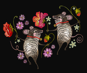 Wall Mural - Embroidery mouse. Two cheerful mice are danced in flowers classical embroidery. Template for clothes, textiles, t-shirt design