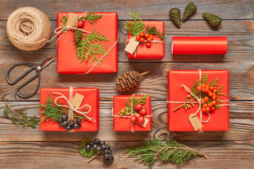 Sticker - Christmas presents on wooden background