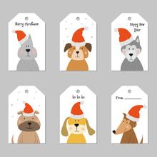 Set Of Christmas Tags With Cartoon Dogs.