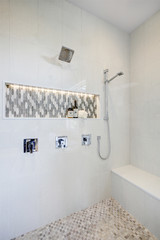 Wall Mural - Stunning walk-in shower with white tile surround.