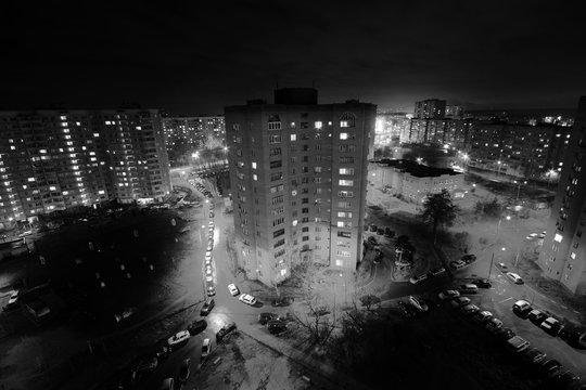 Fototapete - dormitory area, black and white photo architecture, the usual panel house, the block of flats, aerial shot from drone