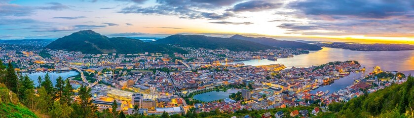 Wall Mural - Sunset view on Bergen and harbor from the mountain floyen