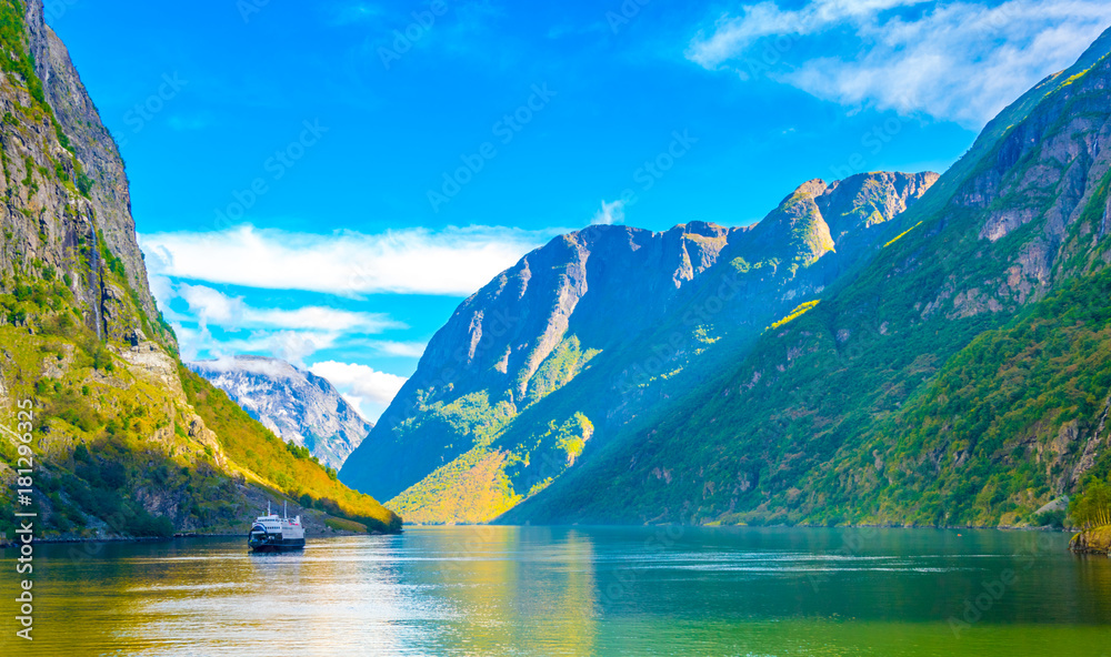 Aurlandsfjord - unesco enlisted natural heritage site - in Norway - obrazy, fototapety, plakaty 