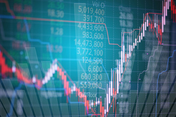 Double exposure of candle stick graph chart with indicator showing bullish point or bearish point, up trend or down trend of price of stock market or stock exchange trading, investment concept.