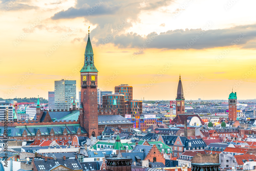 Aerial view of the town hall in Copenhagen during sunset. - obrazy, fototapety, plakaty 