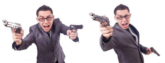 Wall Mural - Funny businessman with gun on white