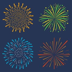 Poster - Firework set. Collection of festive bursting, celebration explosion, anniversary salute isolated on dark background. Vector illustration.