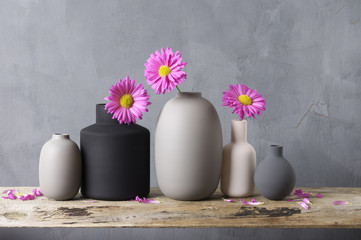 Canvas Print - Various vases with flowers on wooden shelf