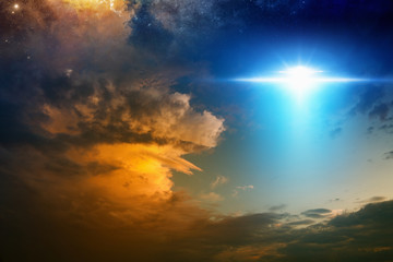 Wall Mural - extraterrestrial aliens spaceship in red glowing sunset sky