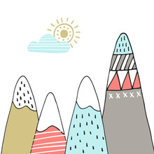 Cute Hand Drawn Nursery Poster With Cartoon Mountains And Sun In Scandinavian Style. Color Vector Illustration