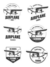 Light Airplane Related Emblems. Set Of Vintage Airplane Emblems, Badges And Icons. Isolated Lite Airplane Side View.
