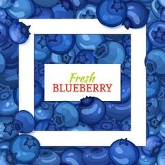 Square white frame and rectangle label on blueberry background. Vector card illustration. Blueberries fruit and leaves for packaging design food juice, jam, ice cream, smoothies, detox, cosmetics, tea