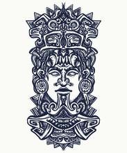 Ancient Aztec Totem, Mexican God. Ancient Mayan Civilization. Indian Mayan Carved In Stone Tattoo Art. Mayan Tattoo And T-shirt Design