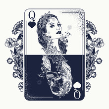 Queen Playing Card And Art Nouveau Flowers Tattoo And T-shirt Design. Beautiful Girl And Skeleton. Symbol Of Gamblings, Tarot Cards, Success And Defeat, Casino, Poker