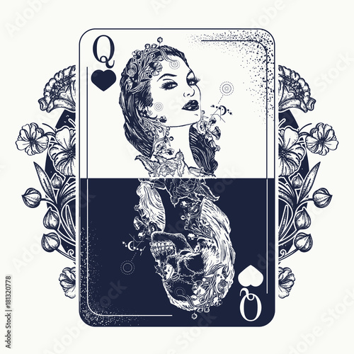 Fotografija Queen playing card and art nouveau flowers tattoo and t-shirt design