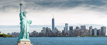 The Statue Of Liberty With One World Trade Center Background, Landmarks Of New York City, USA
