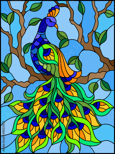 ilustracja-w-witrazu-stylowym-ptasim-pawia-i-galaz-na-tle
