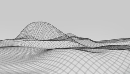 Poster - Abstract landscape background. Mesh structure. Polygonal wave wireframe background. 3d rendering
