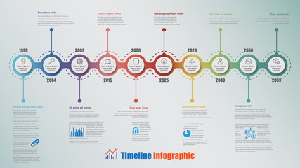 Wall Mural - Modern timeline infographic with 10 steps circle designed for template brochure diagram planning presentation process webpages workflow. Vector illustration