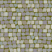 Old Paving Stones With Moss And Turf. Road Texture Seamless Pattern. Wall Of Stone, Cobbled Street With Grass