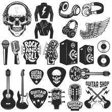 Set Of The Rock Music Design Elements. Guitar Shop. Design Elements For Logo, Label, Emblem, Sign, Poster. Vector Illustration