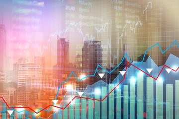 Statistic graph stock market data and finance indicator analysis from LED display. including finance statistic graph stock market education or marketing analysis. Stock analysis indicator