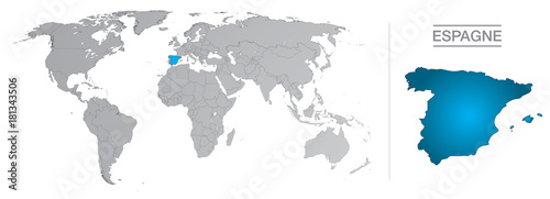 Obraz na płótnie Espagne dans le monde, avec frontières et tous les pays du monde séparés