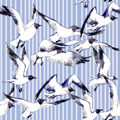  Sea gull seamless pattern. Sea bird sketch.