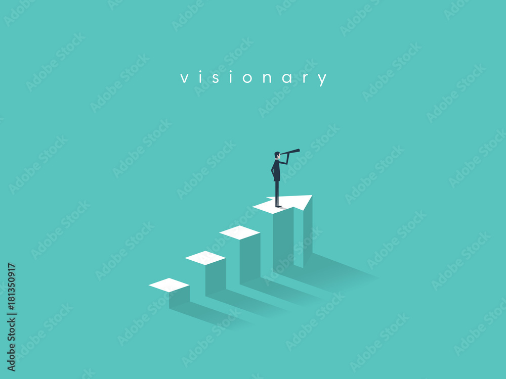Businessman looking through telescope on top of the column graph. Business concept of goals, success, achievement and challenge. - obrazy, fototapety, plakaty 