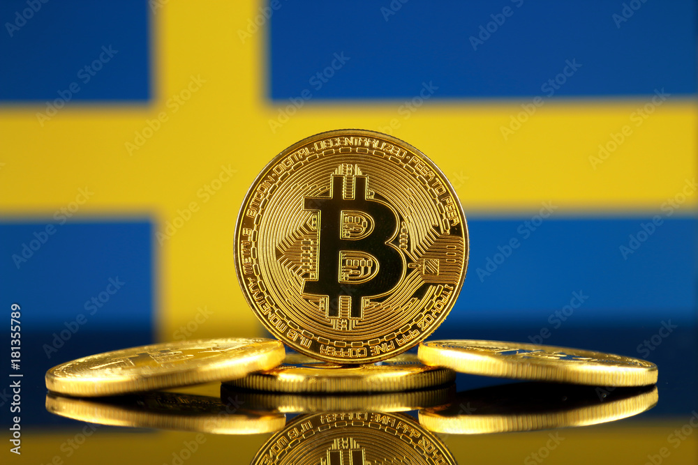 Physical version of Bitcoin (new virtual money) and Sweden Flag. Conceptual image for investors in cryptocurrency and Blockchain Technology in Sweden.