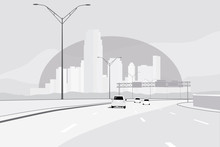 Cityscape urban landscape with highway or interstate and cars monochromatic black and white vector illustration