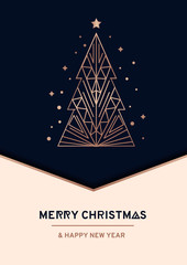 Merry Christmas and Happy New Year rose gold greeting card. Minimalistic christmas card on navy blue background. Linear Christmas tree with stars and snowflakes. Vector illustration