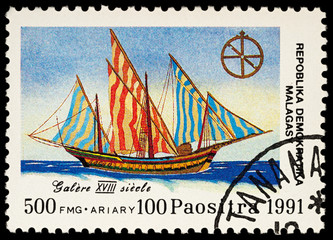 Sticker - Old sailing ship galley on postage stamp