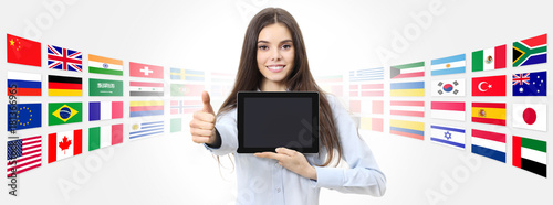 international language school concept smiling woman with like thumb up showing d Poster Mural XXL