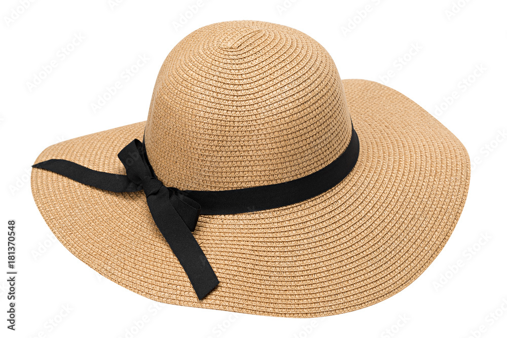 Womens summer yellow straw hat with the ribbon, isolated on white background - obrazy, fototapety, plakaty 