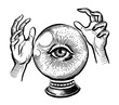Crystal ball with an eye and hands. Black and white ink drawing
